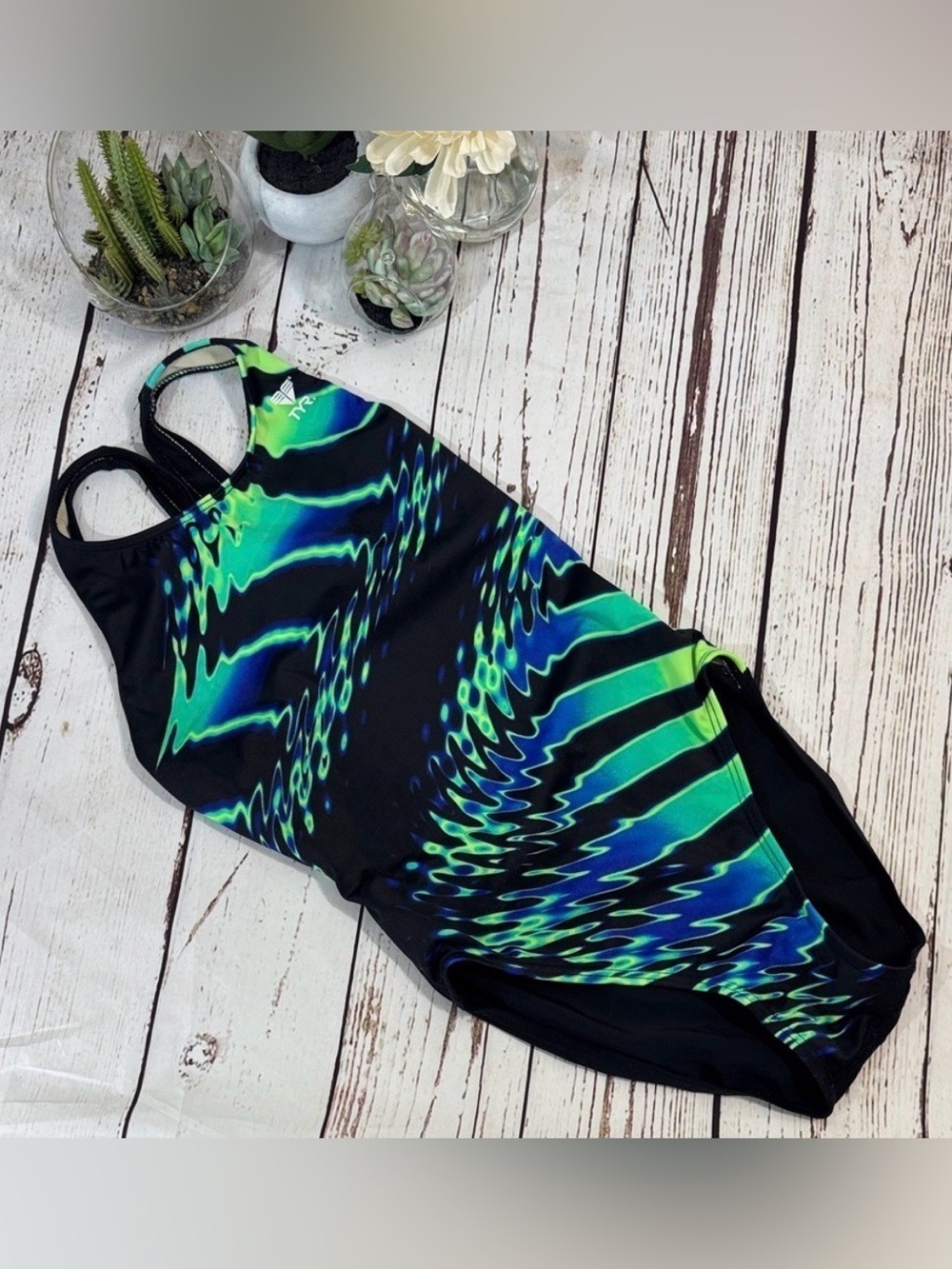 TYR Black One-Piece Swimsuit with Neon Green & Blue Wave Print 34(M)